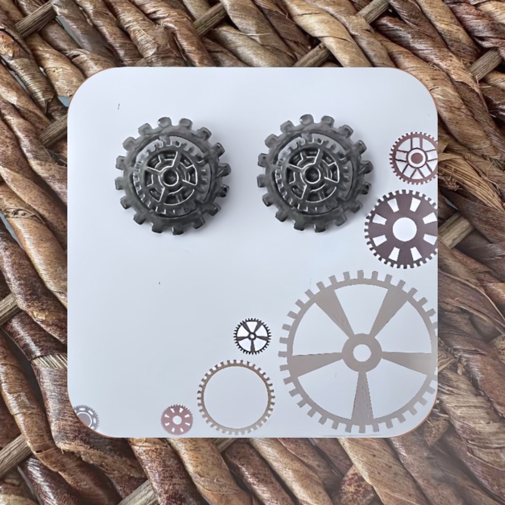 New Handmade Steampunk / Gear Stud Earrings (0.75" diameter) (Version 22)